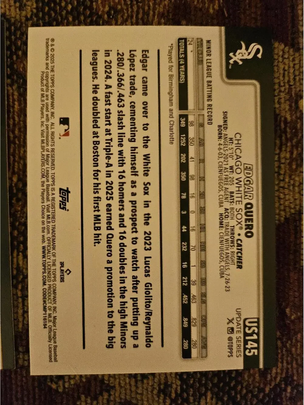 2025 Topps Update - Edgar Quero (RC) USC145 - White Sox - RAW Mint - Picture 2 of 2